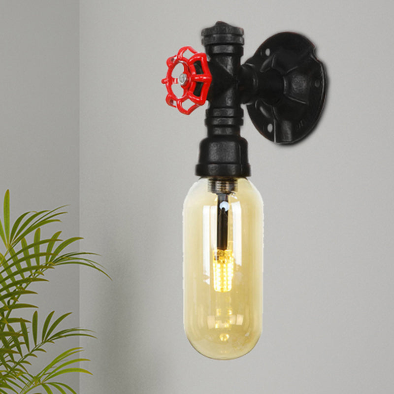 Frendorf | Capsule Amber Glas Wandlamp Industrial 1 Peertje Binnen Muur Gemonteerd Lamp in Zwart met Pijp Ontwerp