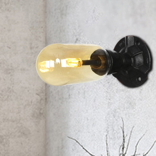 Frendorf | 1/2 Glühbirne Wandlampe Kapsel Bernstein Glas Industrielle Esszimmer Wandleuchte Beleuchtungsvorrichtung in Schwarz mit Rohrdesign