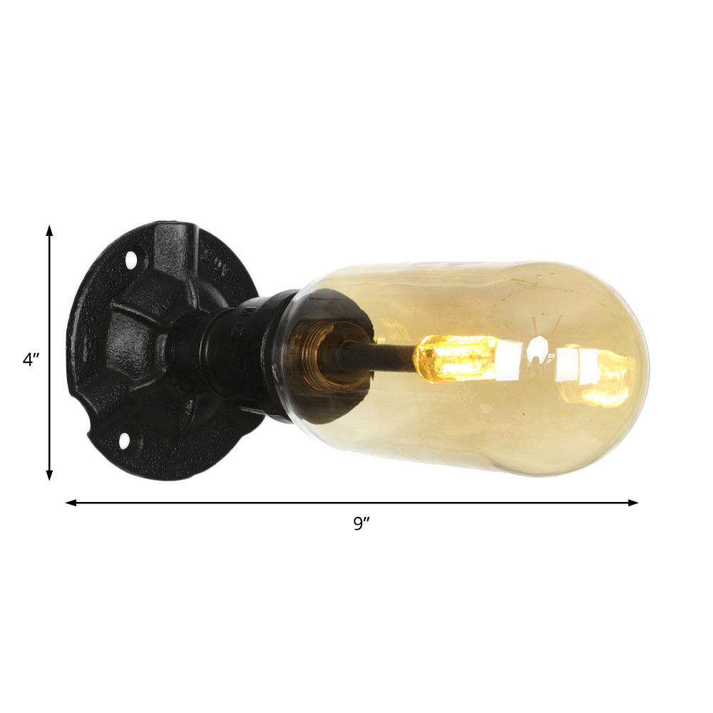 Frendorf | 1/2 Glühbirne Wandlampe Kapsel Bernstein Glas Industrielle Esszimmer Wandleuchte Beleuchtungsvorrichtung in Schwarz mit Rohrdesign