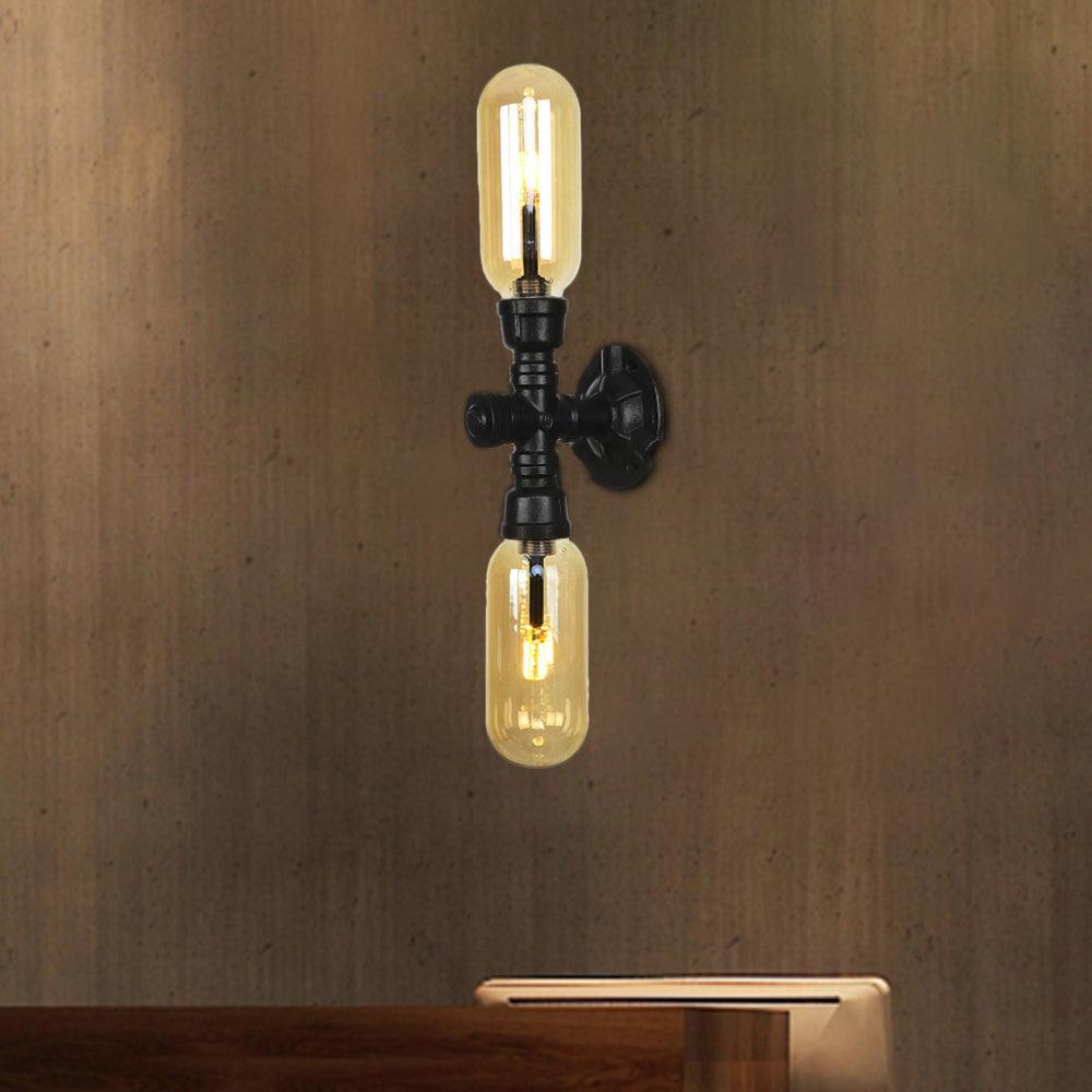 Frendorf | 1/2 Glühbirne Wandlampe Kapsel Bernstein Glas Industrielle Esszimmer Wandleuchte Beleuchtungsvorrichtung in Schwarz mit Rohrdesign