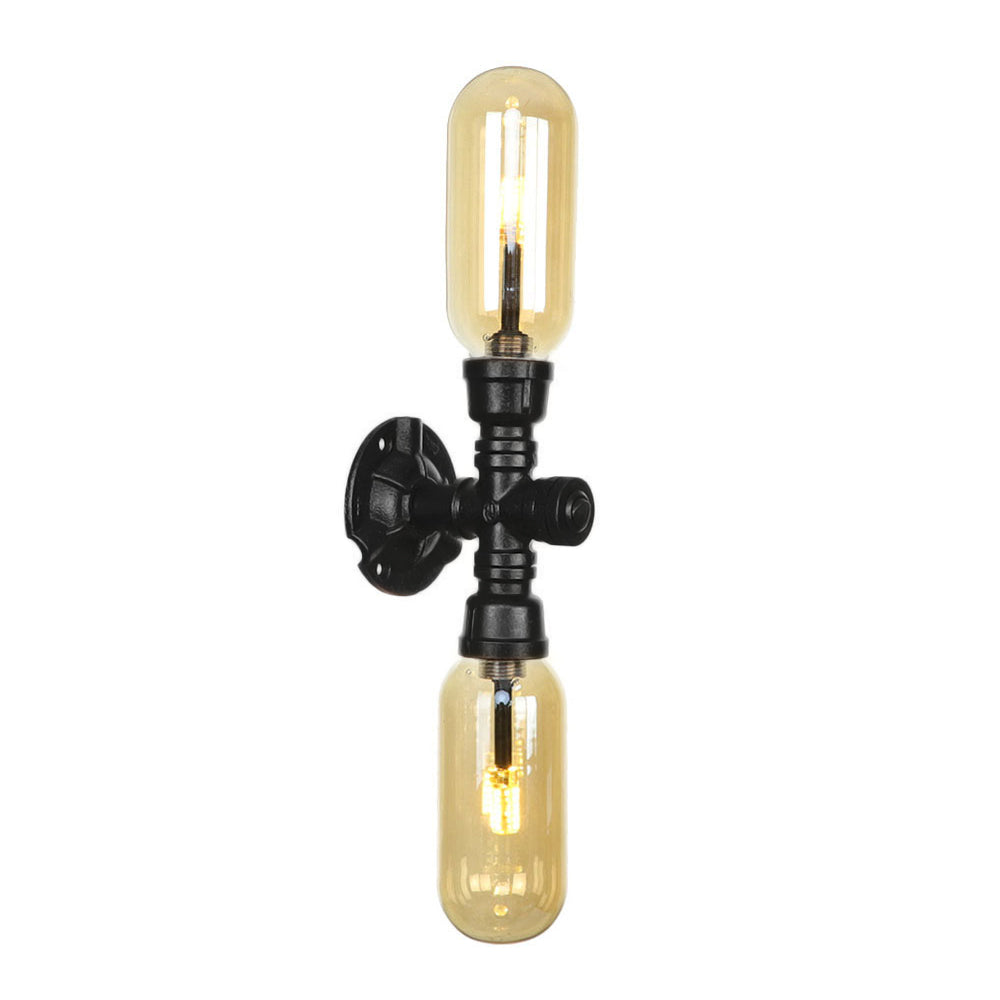 Frendorf | 1/2 Glühbirne Wandlampe Kapsel Bernstein Glas Industrielle Esszimmer Wandleuchte Beleuchtungsvorrichtung in Schwarz mit Rohrdesign