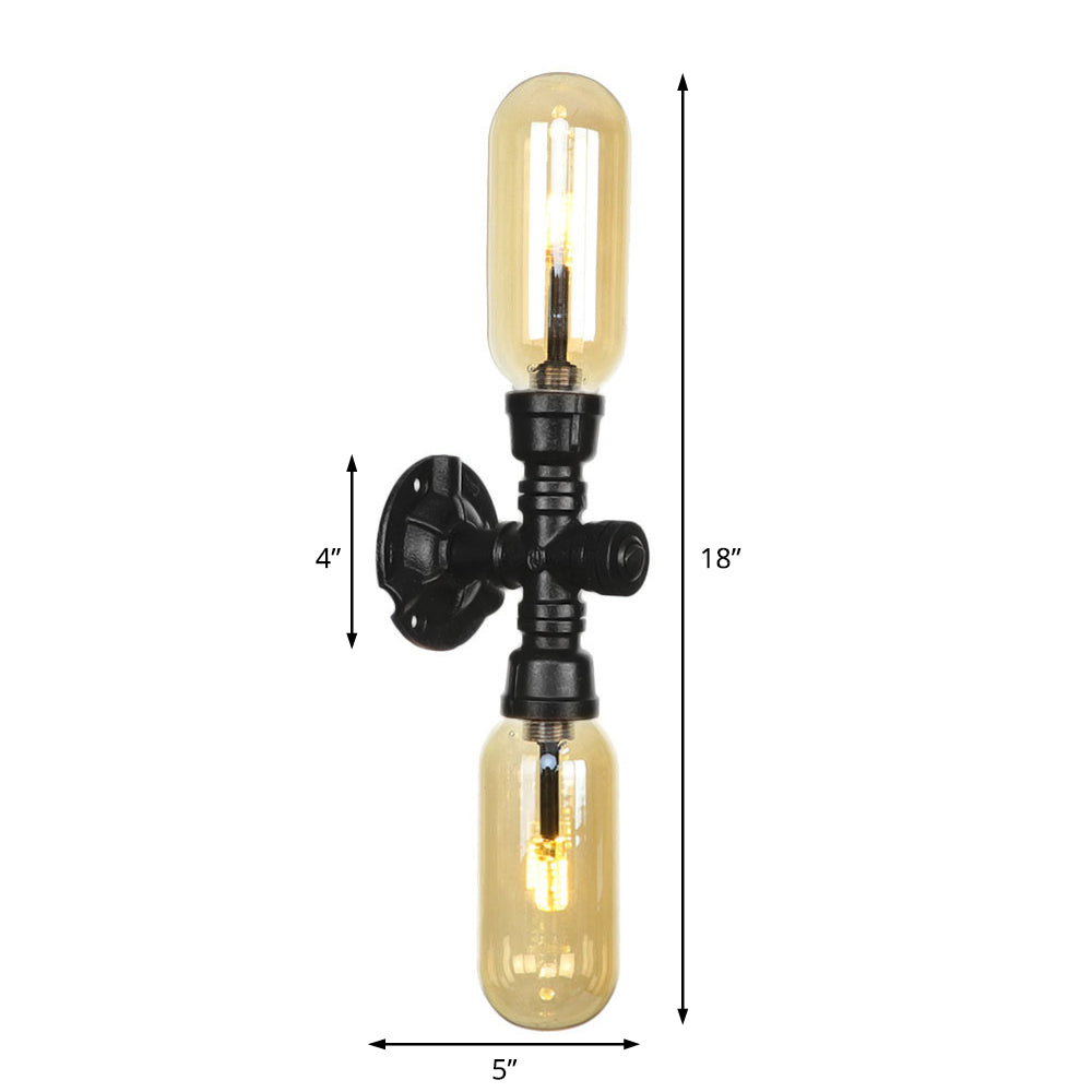 Frendorf | 1/2 Glühbirne Wandlampe Kapsel Bernstein Glas Industrielle Esszimmer Wandleuchte Beleuchtungsvorrichtung in Schwarz mit Rohrdesign