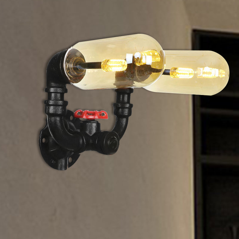 Frendorf | 1/2 Glühbirne Wandlampe Kapsel Bernstein Glas Industrielle Esszimmer Wandleuchte Beleuchtungsvorrichtung in Schwarz mit Rohrdesign