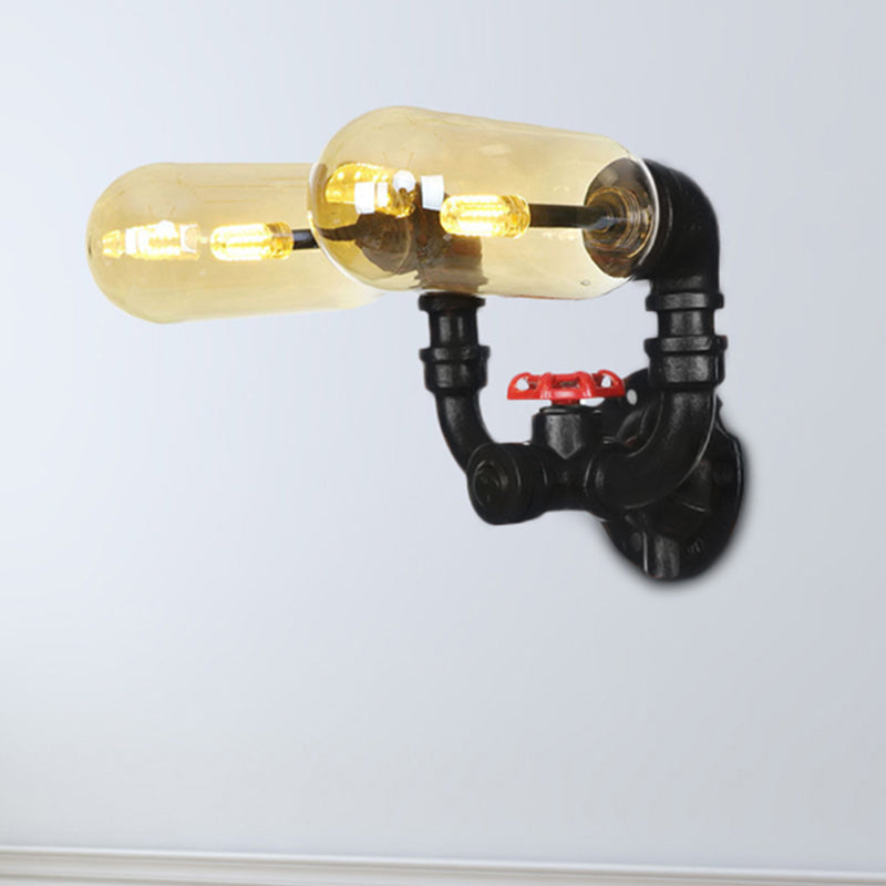 Frendorf | 1/2 Glühbirne Wandlampe Kapsel Bernstein Glas Industrielle Esszimmer Wandleuchte Beleuchtungsvorrichtung in Schwarz mit Rohrdesign