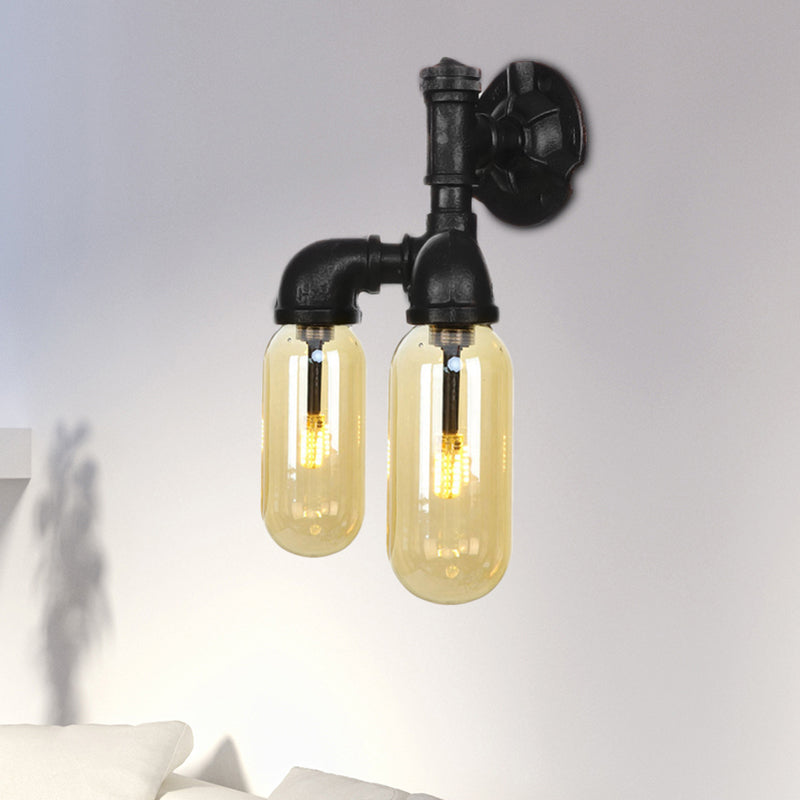 Frendorf | Amber Glas Schwarze Wandleuchte Kapsel 2 Licht Industrielle Wandmontierte Rohrleuchte für Wohnzimmer
