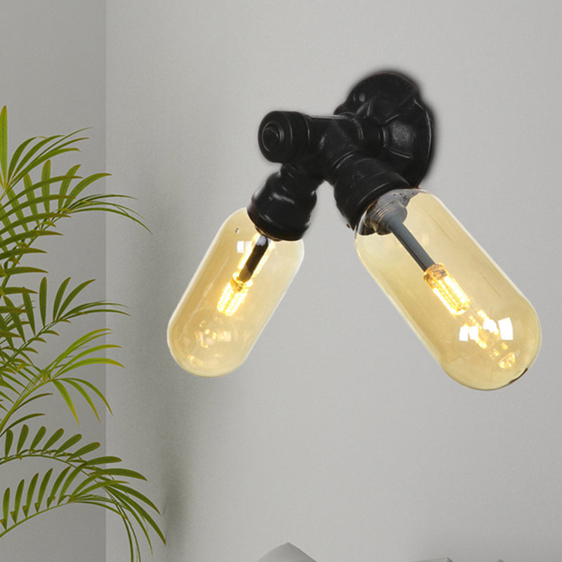 Frendorf | Amber Glas Schwarze Wandleuchte Kapsel 2 Licht Industrielle Wandmontierte Rohrleuchte für Wohnzimmer