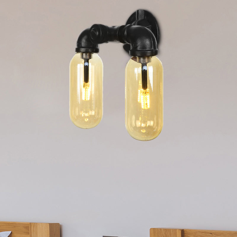 Frendorf | Amber Glas Schwarze Wandleuchte Kapsel 2 Licht Industrielle Wandmontierte Rohrleuchte für Wohnzimmer