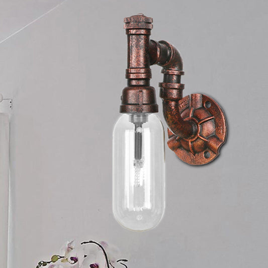 Frendorf | Oval Schlafzimmer Wandleuchte Industriegrau Klar Glas 1/2 Lichter Wetterkupfer Wandlampe mit Rohrdesign