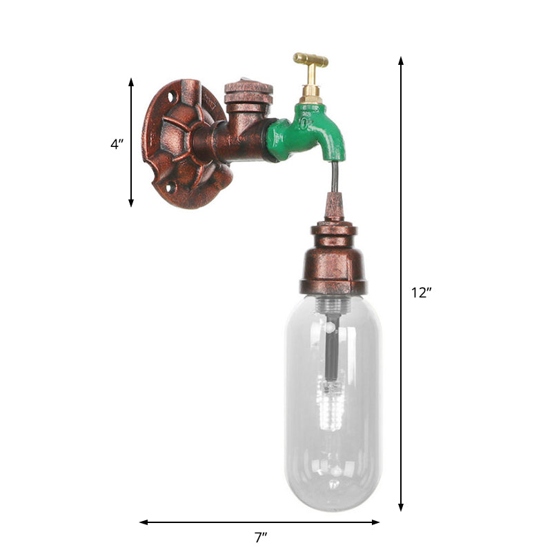 Frendorf | Oval Schlafzimmer Wandleuchte Industriegrau Klar Glas 1/2 Lichter Wetterkupfer Wandlampe mit Rohrdesign