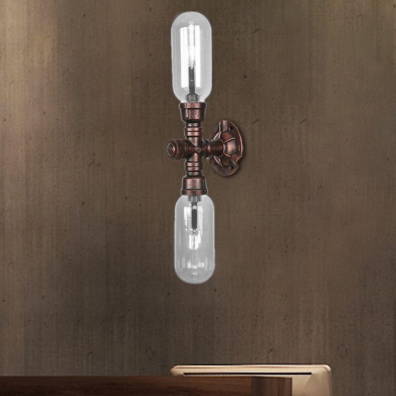 Frendorf | Oval Schlafzimmer Wandleuchte Industriegrau Klar Glas 1/2 Lichter Wetterkupfer Wandlampe mit Rohrdesign