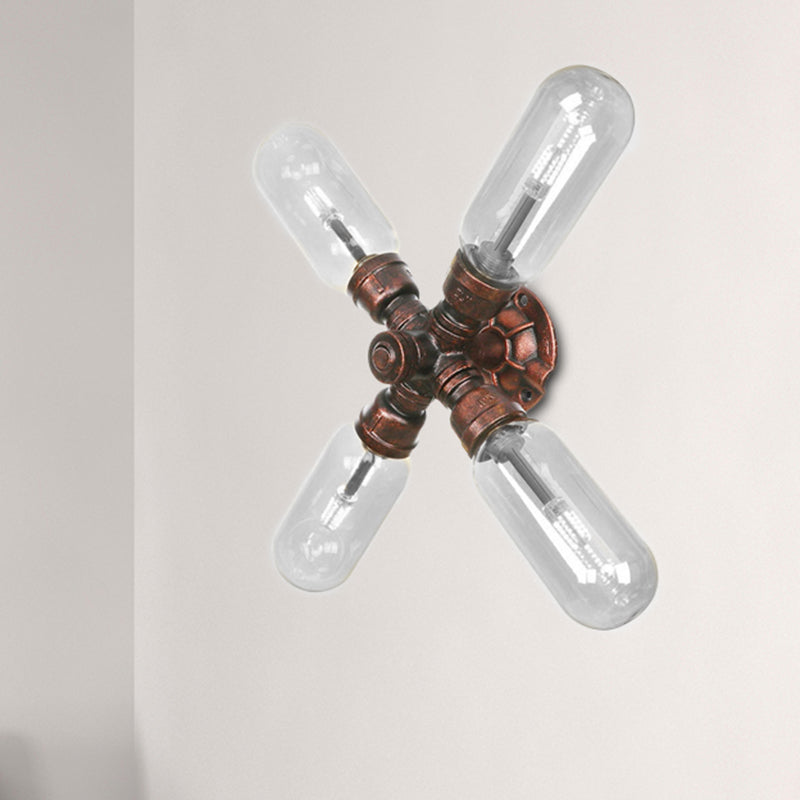 Frendorf | Klarer Glas-Kapsel-Wandleuchte Industrie 2/4 Lichter Schlafzimmer Wandmontierte Rohrleuchte in verwittertem Kupfer