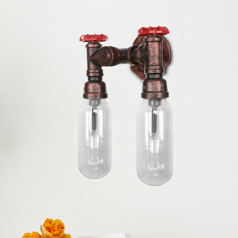 Frendorf | Klarer Glas-Kapsel-Wandleuchte Industrie 2/4 Lichter Schlafzimmer Wandmontierte Rohrleuchte in verwittertem Kupfer