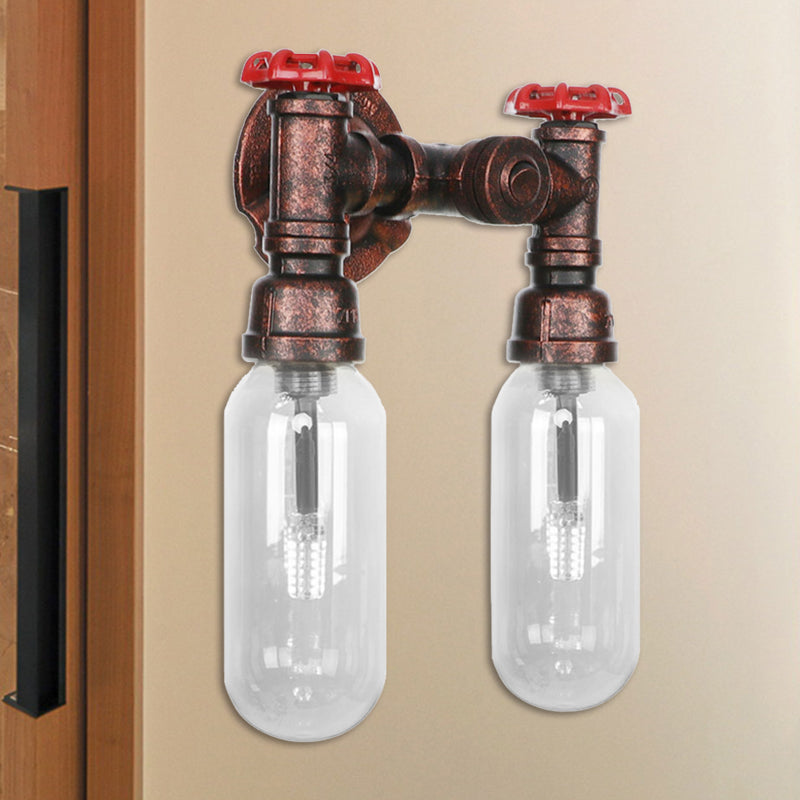 Frendorf | Klarer Glas-Kapsel-Wandleuchte Industrie 2/4 Lichter Schlafzimmer Wandmontierte Rohrleuchte in verwittertem Kupfer
