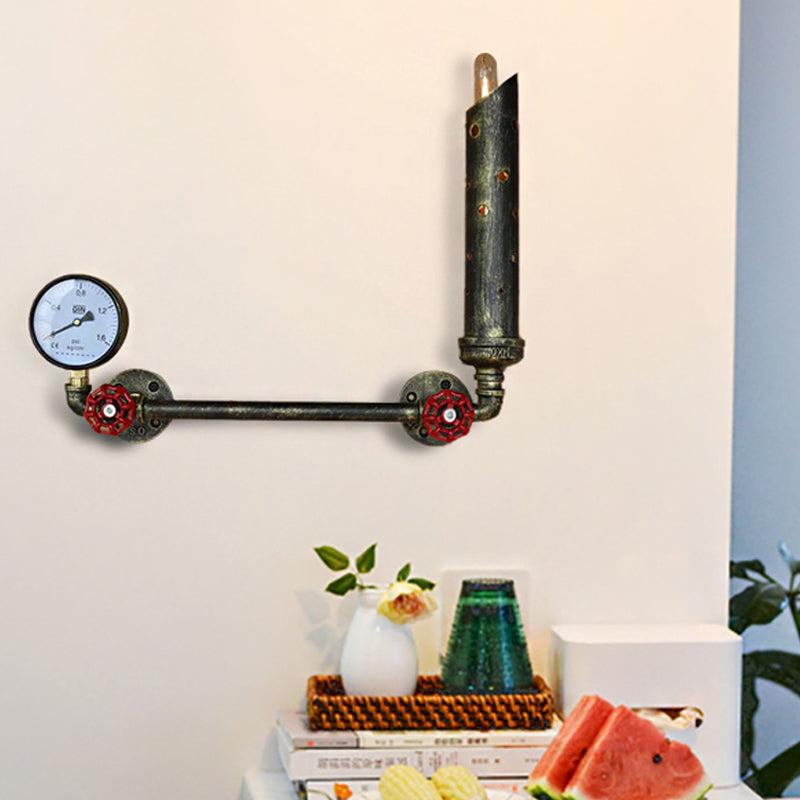 Frendorf | Gegoten IJzeren Buis Wandlamp met Ventiel en Manometer Vintage 1 Licht Woonkamer Wandlamp in Verouderd Messing/Zwart