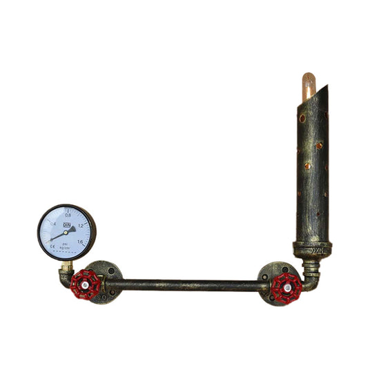 Frendorf | Gegoten IJzeren Buis Wandlamp met Ventiel en Manometer Vintage 1 Licht Woonkamer Wandlamp in Verouderd Messing/Zwart