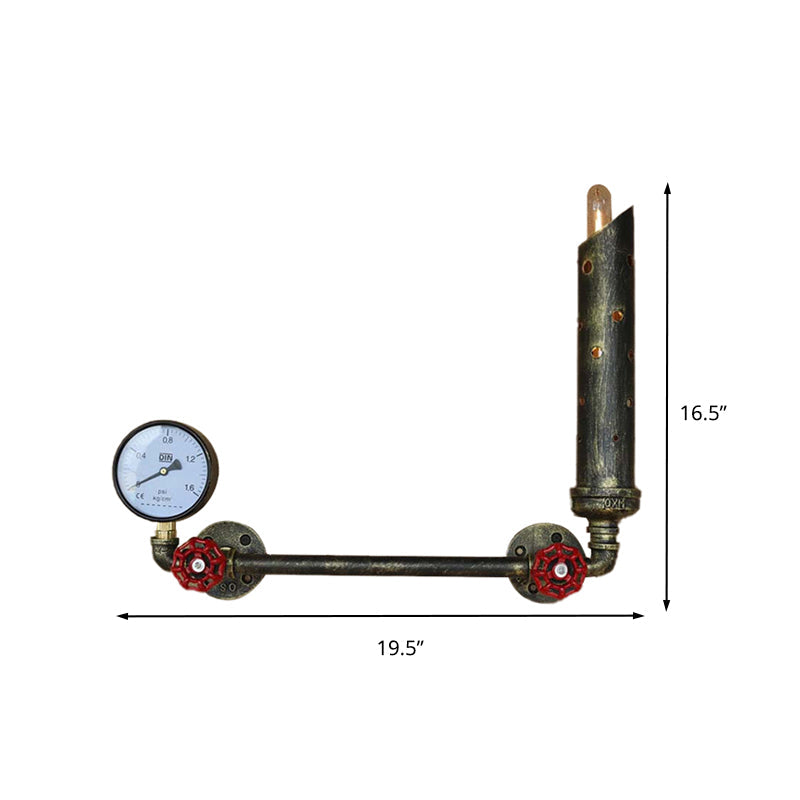 Frendorf | Gegoten IJzeren Buis Wandlamp met Ventiel en Manometer Vintage 1 Licht Woonkamer Wandlamp in Verouderd Messing/Zwart