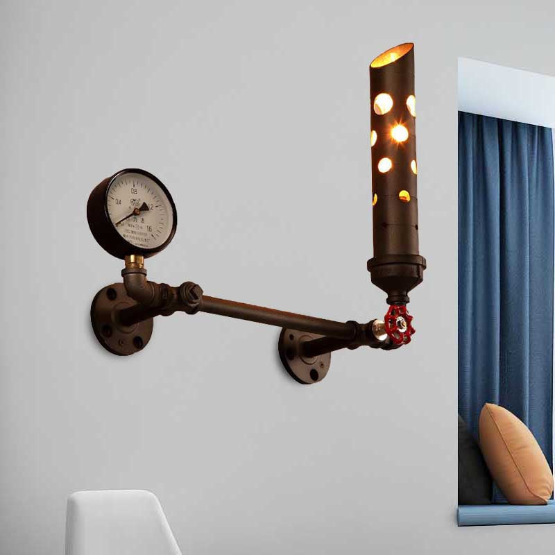 Frendorf | Gegoten IJzeren Buis Wandlamp met Ventiel en Manometer Vintage 1 Licht Woonkamer Wandlamp in Verouderd Messing/Zwart