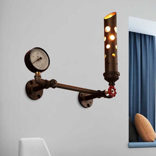 Frendorf | Gegoten IJzeren Buis Wandlamp met Ventiel en Manometer Vintage 1 Licht Woonkamer Wandlamp in Verouderd Messing/Zwart