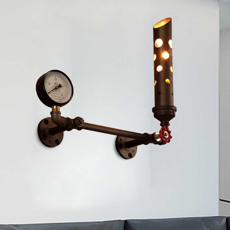 Frendorf | Gegoten IJzeren Buis Wandlamp met Ventiel en Manometer Vintage 1 Licht Woonkamer Wandlamp in Verouderd Messing/Zwart