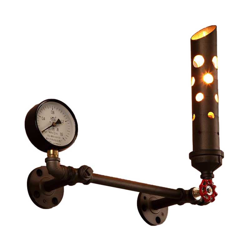 Frendorf | Gegoten IJzeren Buis Wandlamp met Ventiel en Manometer Vintage 1 Licht Woonkamer Wandlamp in Verouderd Messing/Zwart