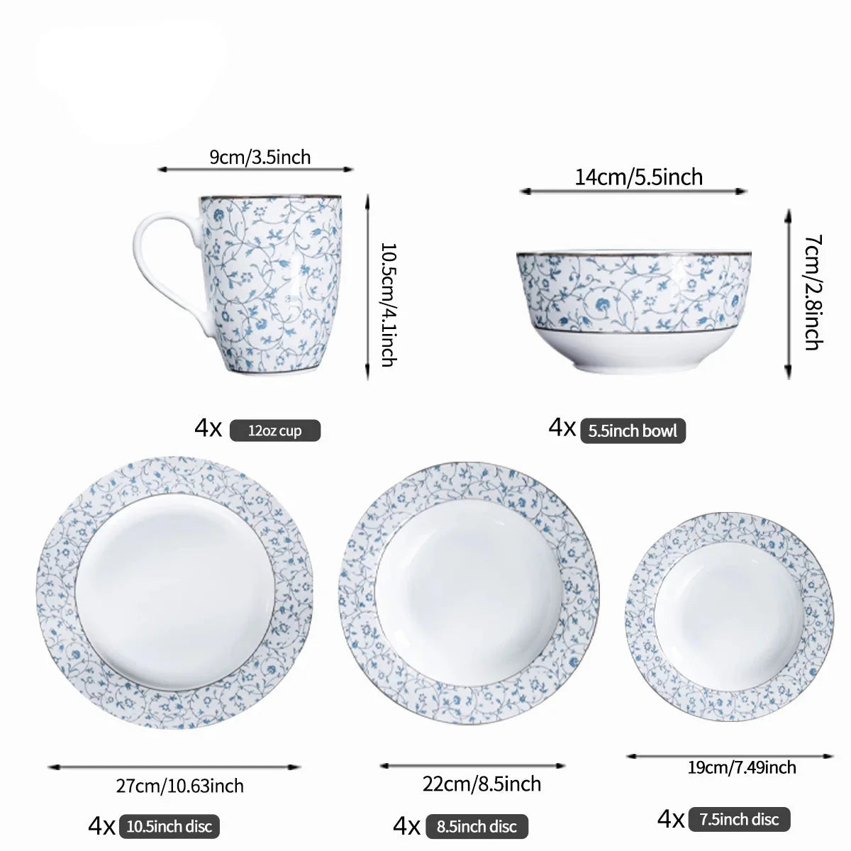 Frendorf | 20 Stück Blau Floral Print Keramik Geschirrset für 4 Besteckset