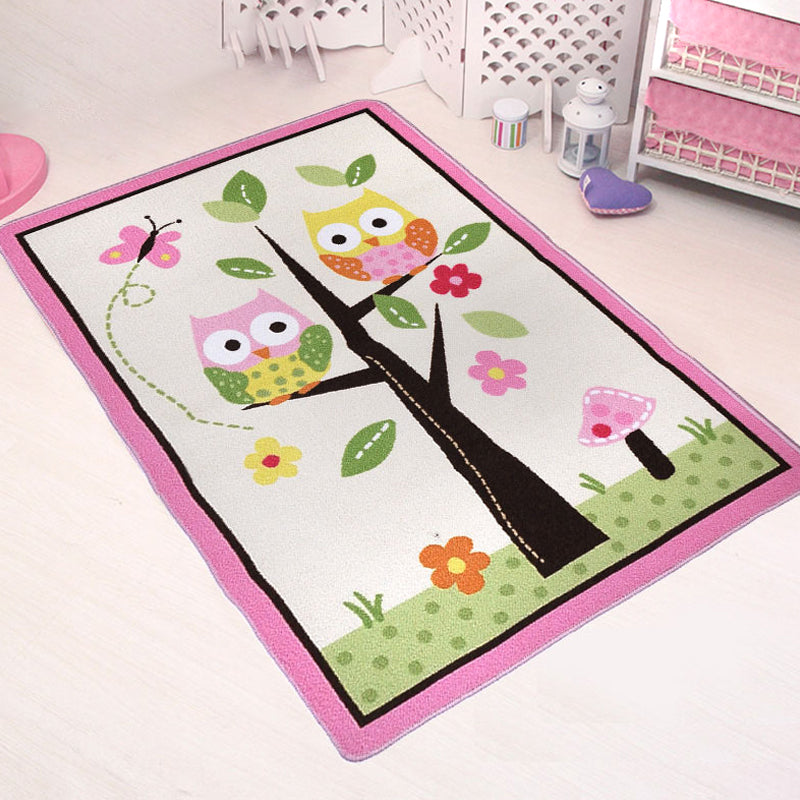Frendorf | Roze Uil Tekening Print Tapijt Polyester Cartoon Tapijt Anti-Slip Onderzijde Machine Wasbaar Huisdiervriendelijk Vloerkleed voor Kinderkamer