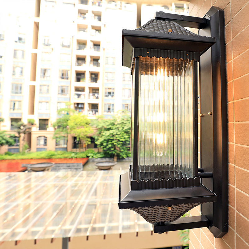 Frendorf | Geribbelte Glazen Rechthoekige Schaduw Wandlamp Classic Single Buiten Wandverlichting Fixture in Koffie