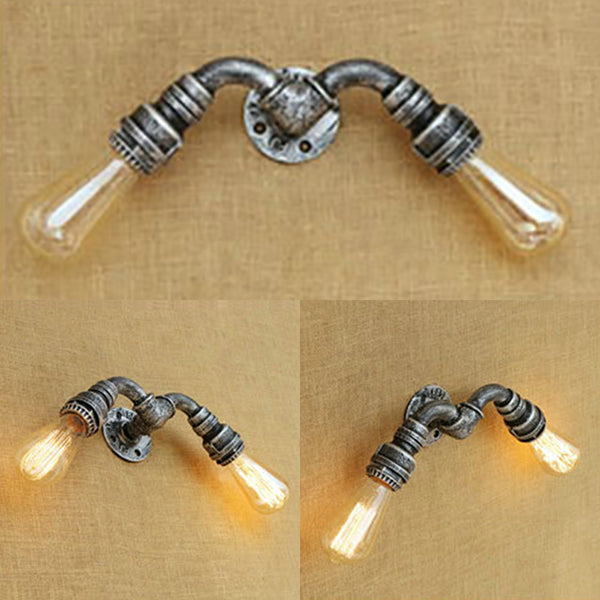 2 Köpfe Wandlampe Licht mit Wasserrohr Schmiedeeisen Industrie Restaurant Wandbeleuchtung in Bronze/Antikmessing