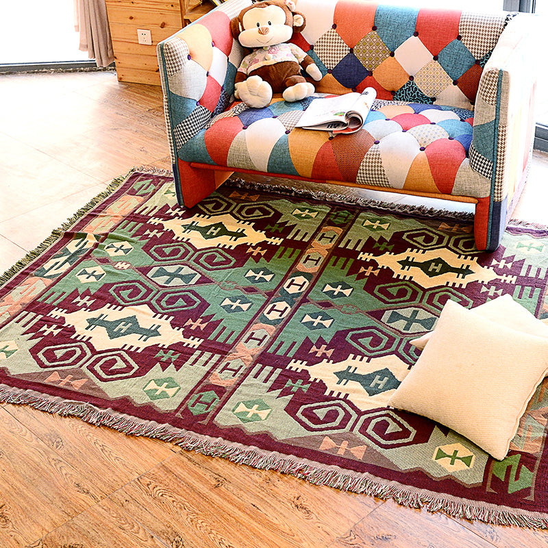 Retro Country Style Teppich Grün Geometrisches Weben Teppich Haustierfreundlicher Teppich für Wohnzimmer