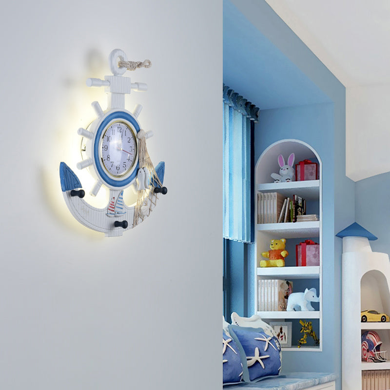 Zeitgenössische Ankerförmige Wandlampe Holz Kinderzimmer LED Uhr Wandmontierte Lampe in Blau