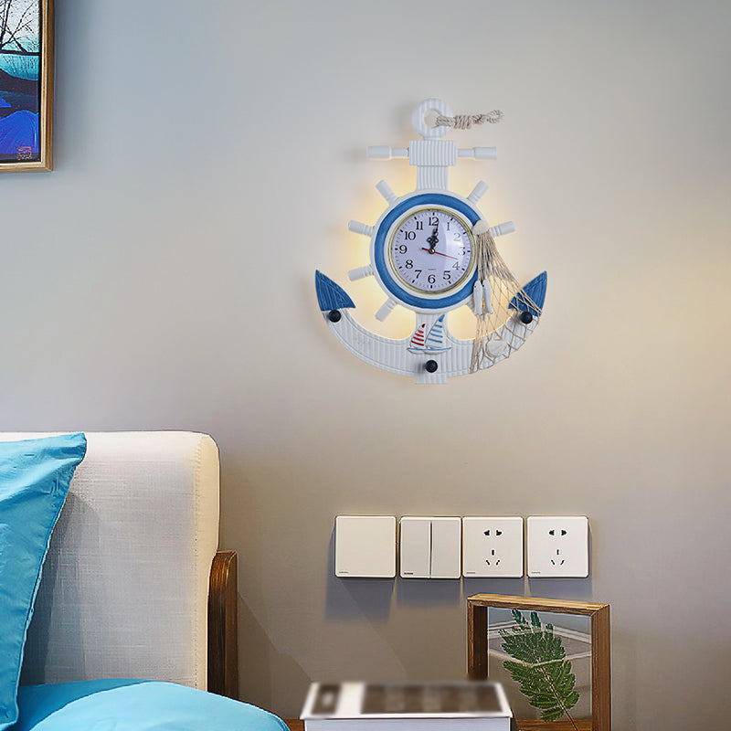 Zeitgenössische Ankerförmige Wandlampe Holz Kinderzimmer LED Uhr Wandmontierte Lampe in Blau