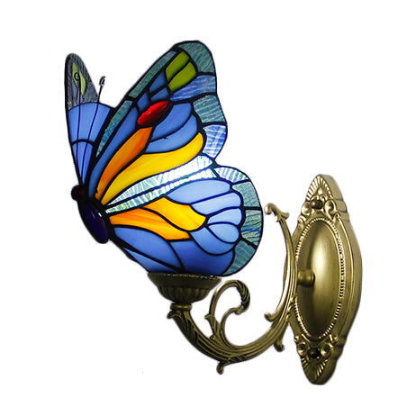 Frendorf | Gekleurd Glas Vlinder Wandlamp Landelijke Stijl 1 Licht Wandmontage Verlichting in Rood/Blauw