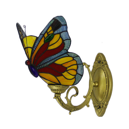 Frendorf | Gekleurd Glas Vlinder Wandlamp Landelijke Stijl 1 Licht Wandmontage Verlichting in Rood/Blauw