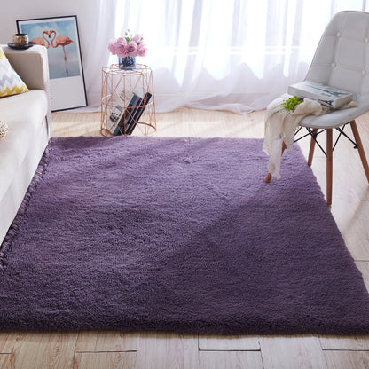 Multi-Color Home Area Rug Nordic Plain Rug Fluffy Machine Washable Stain Resistant Anti-Slip Backing Rug with Braided Trim