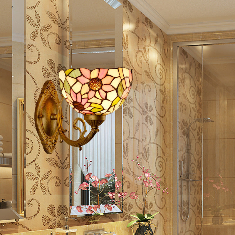 Frendorf | Sonnenblumenmuster Wandmontage Licht Tiffany Buntglas Einzelne Gold Wandlichtarmatur mit Schalen-Schirm