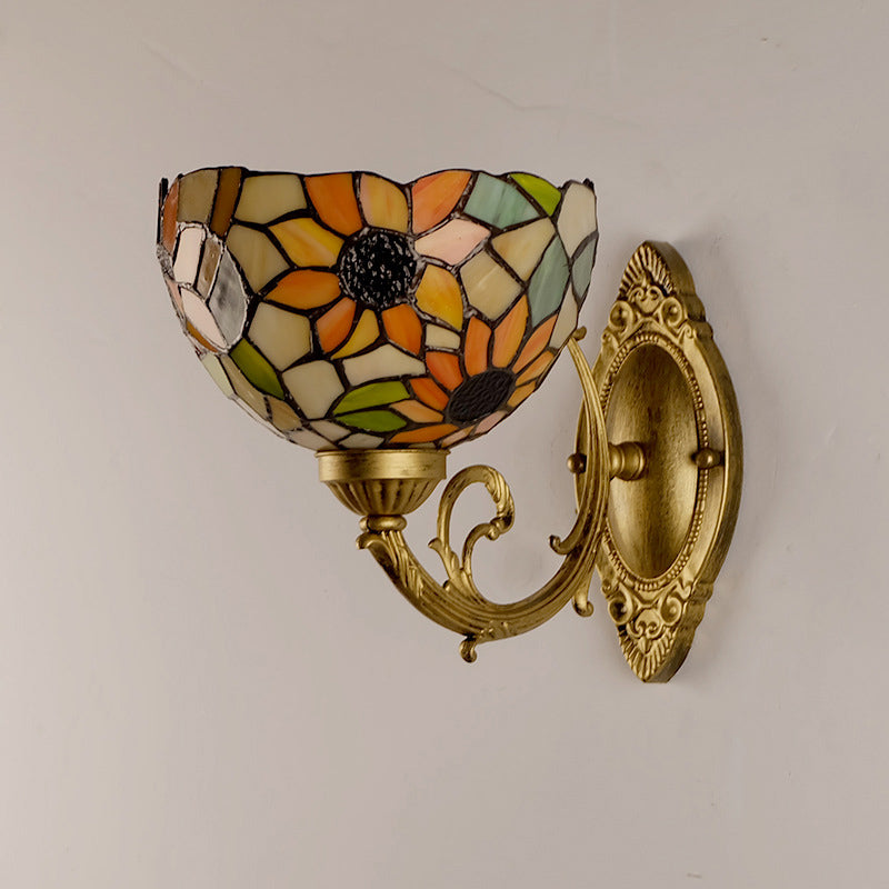 Frendorf | Sonnenblumenmuster Wandmontage Licht Tiffany Buntglas Einzelne Gold Wandlichtarmatur mit Schalen-Schirm