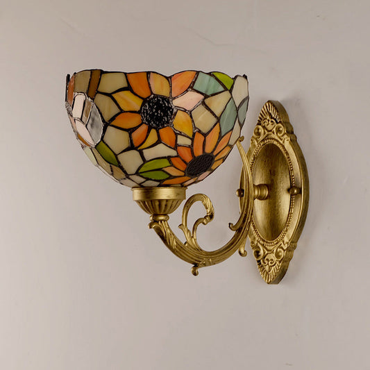 Frendorf | Sonnenblumenmuster Wandmontage Licht Tiffany Buntglas Einzelne Gold Wandlichtarmatur mit Schalen-Schirm
