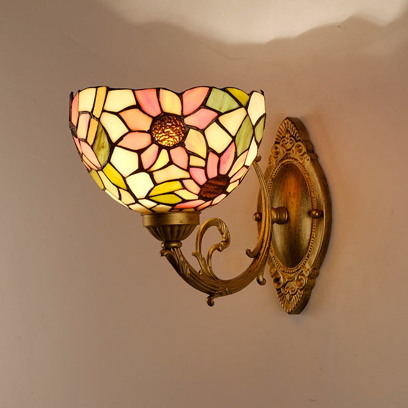 Frendorf | Sonnenblumenmuster Wandmontage Licht Tiffany Buntglas Einzelne Gold Wandlichtarmatur mit Schalen-Schirm