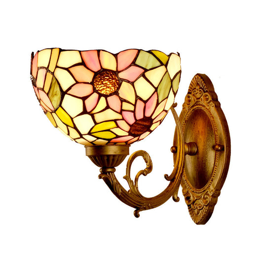 Frendorf | Sonnenblumenmuster Wandmontage Licht Tiffany Buntglas Einzelne Gold Wandlichtarmatur mit Schalen-Schirm