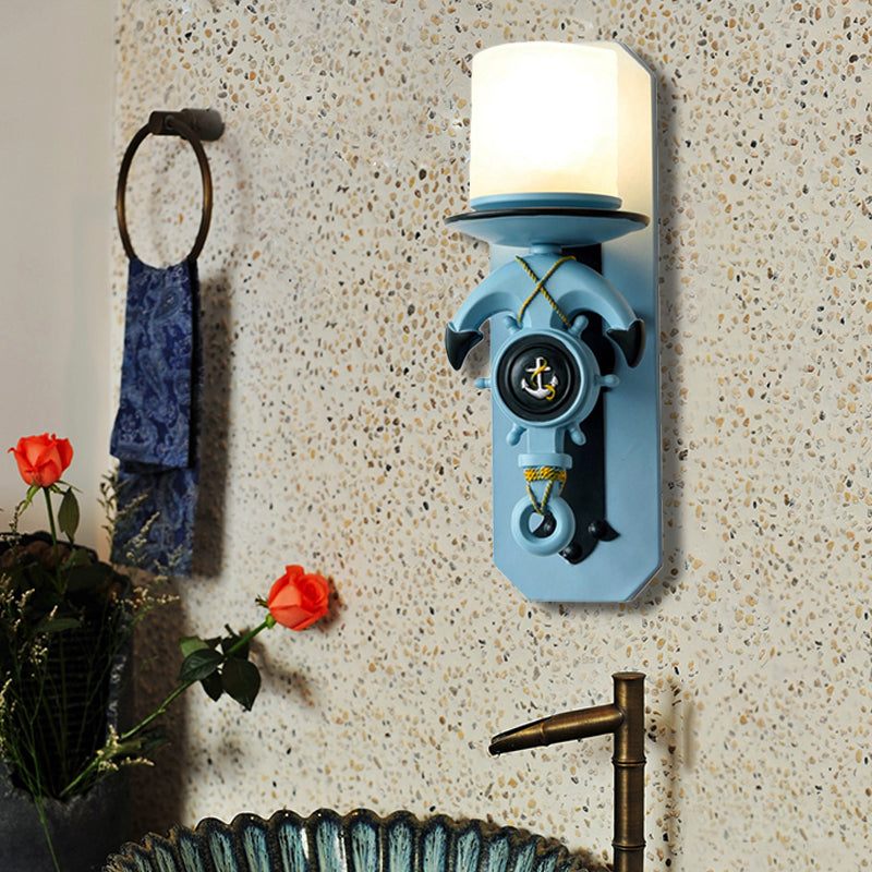 Frendorf | 1 Hoofde Indoor Wandlamp Nautische Stijl Blauw/Wit Wandverlichting met Cilinder Opal Glasschaduw en Ankerontwerp