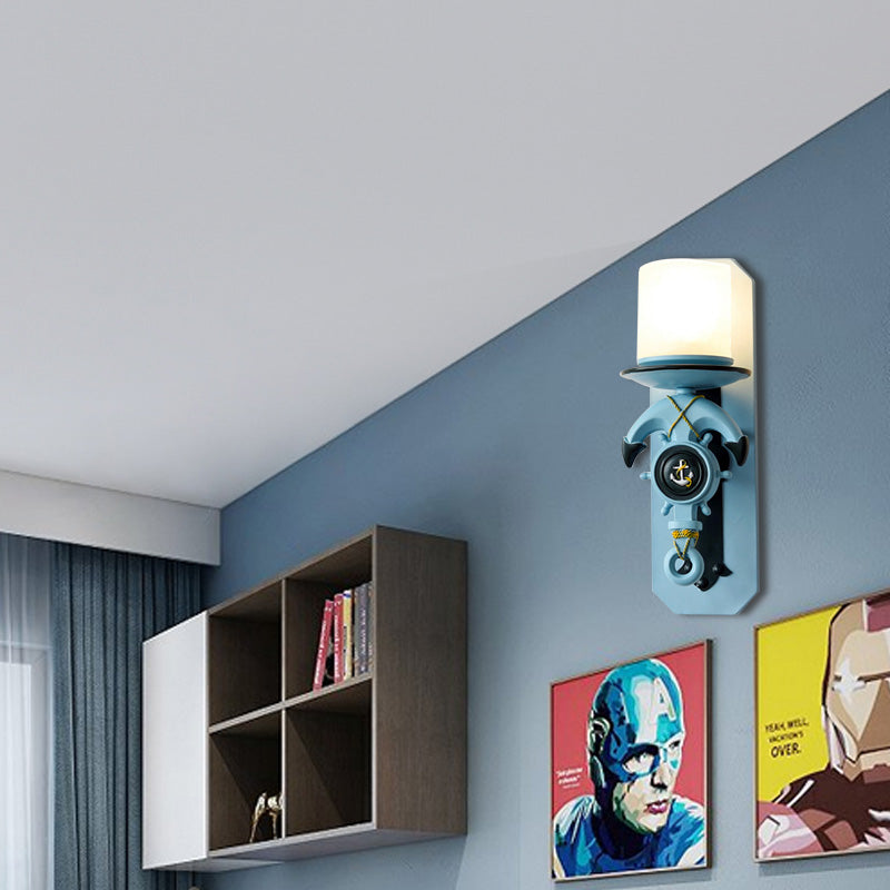 Frendorf | 1 Hoofde Indoor Wandlamp Nautische Stijl Blauw/Wit Wandverlichting met Cilinder Opal Glasschaduw en Ankerontwerp