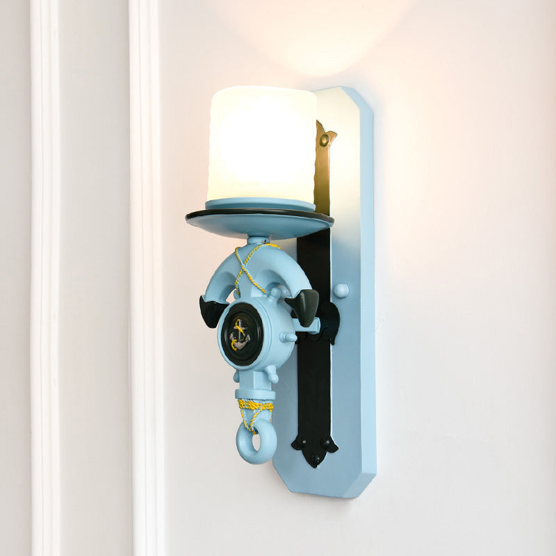 Frendorf | 1 Hoofde Indoor Wandlamp Nautische Stijl Blauw/Wit Wandverlichting met Cilinder Opal Glasschaduw en Ankerontwerp