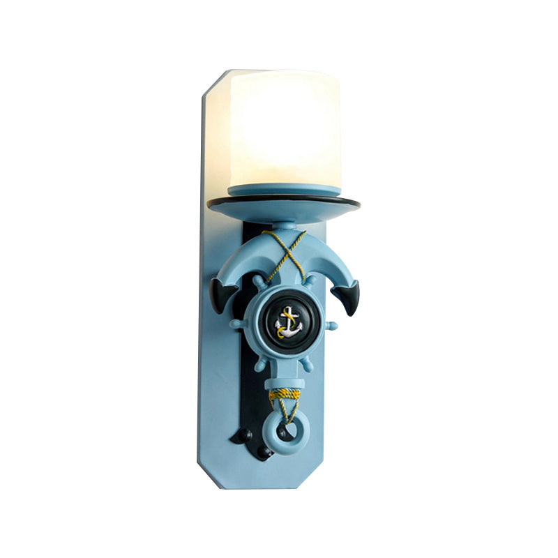 Frendorf | 1 Hoofde Indoor Wandlamp Nautische Stijl Blauw/Wit Wandverlichting met Cilinder Opal Glasschaduw en Ankerontwerp