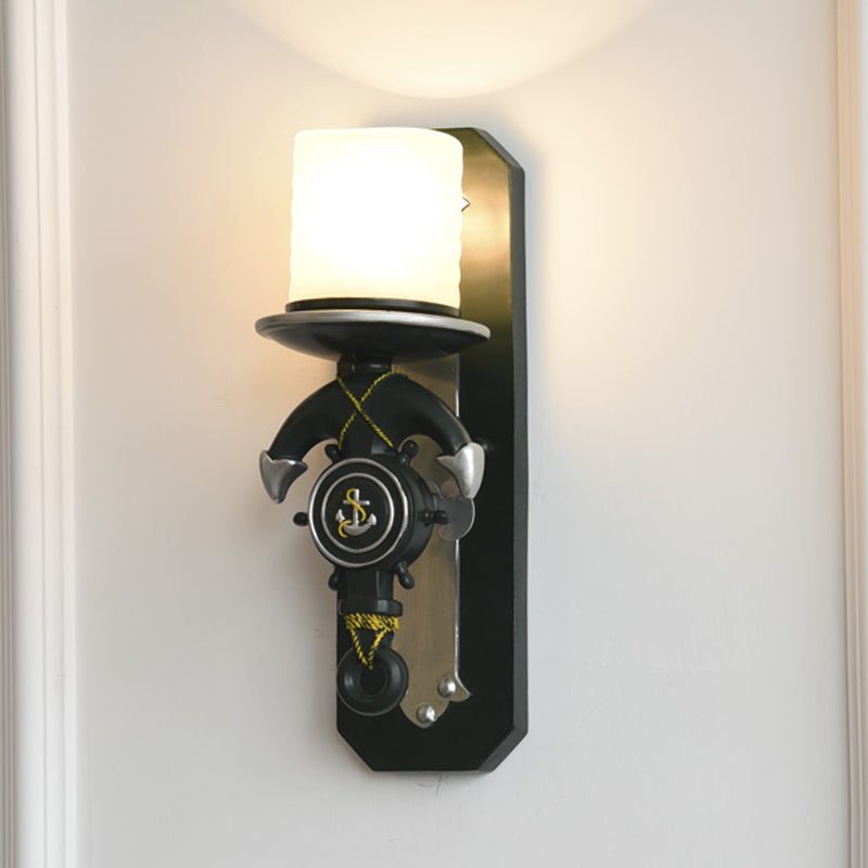 Frendorf | 1 Hoofde Indoor Wandlamp Nautische Stijl Blauw/Wit Wandverlichting met Cilinder Opal Glasschaduw en Ankerontwerp
