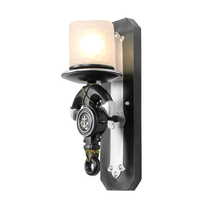 Frendorf | 1 Hoofde Indoor Wandlamp Nautische Stijl Blauw/Wit Wandverlichting met Cilinder Opal Glasschaduw en Ankerontwerp