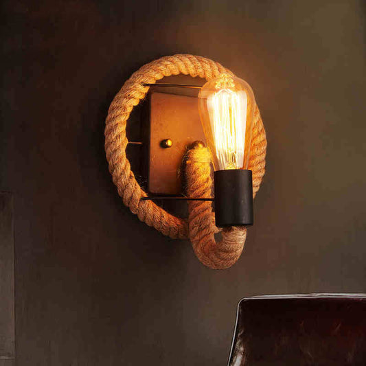 Frendorf | 1-Kop Seil Wandlamp Loftstijl Zwarte Afwerking Ronde/Ovale Gang Metaal Wandmontage Verlichting met Blootgestelde Gloeilamp