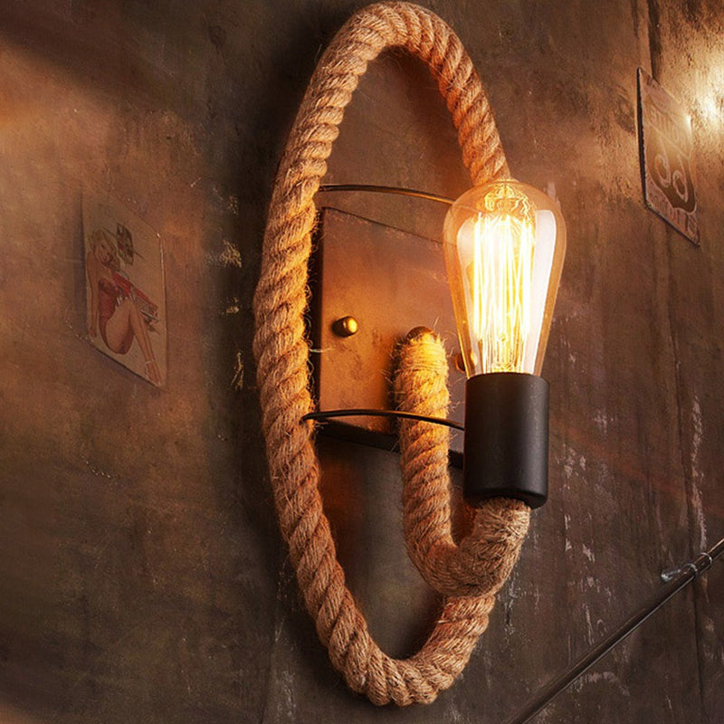 Frendorf | 1-Kop Seil Wandlamp Loftstijl Zwarte Afwerking Ronde/Ovale Gang Metaal Wandmontage Verlichting met Blootgestelde Gloeilamp
