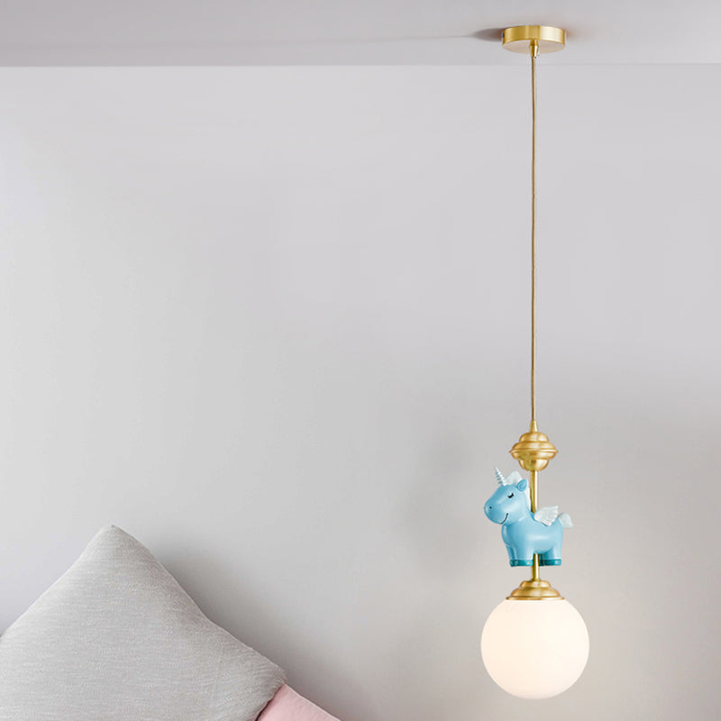 Creme Glas Globe Pendelleuchte Kinder 1-Licht Pendelleuchte mit Harz Einhorn