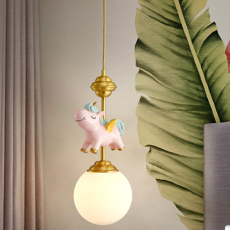 Creme Glas Globe Pendelleuchte Kinder 1-Licht Pendelleuchte mit Harz Einhorn