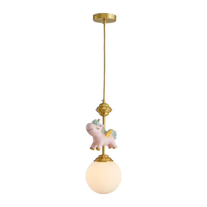 Creme Glas Globe Pendelleuchte Kinder 1-Licht Pendelleuchte mit Harz Einhorn